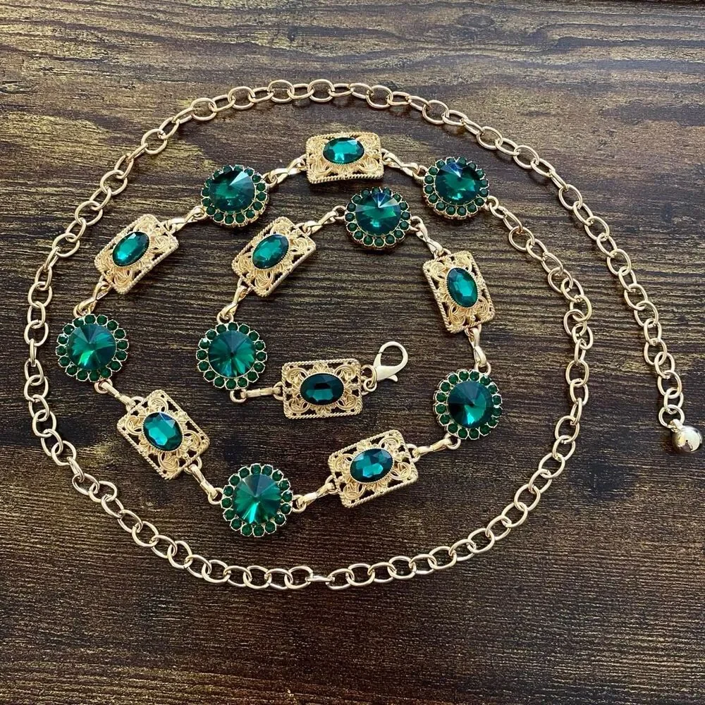 Gold Y2K Emerald Green Jewel Waist Chain Belt, Fits 24.5-51.5 Inches, X7GA1297